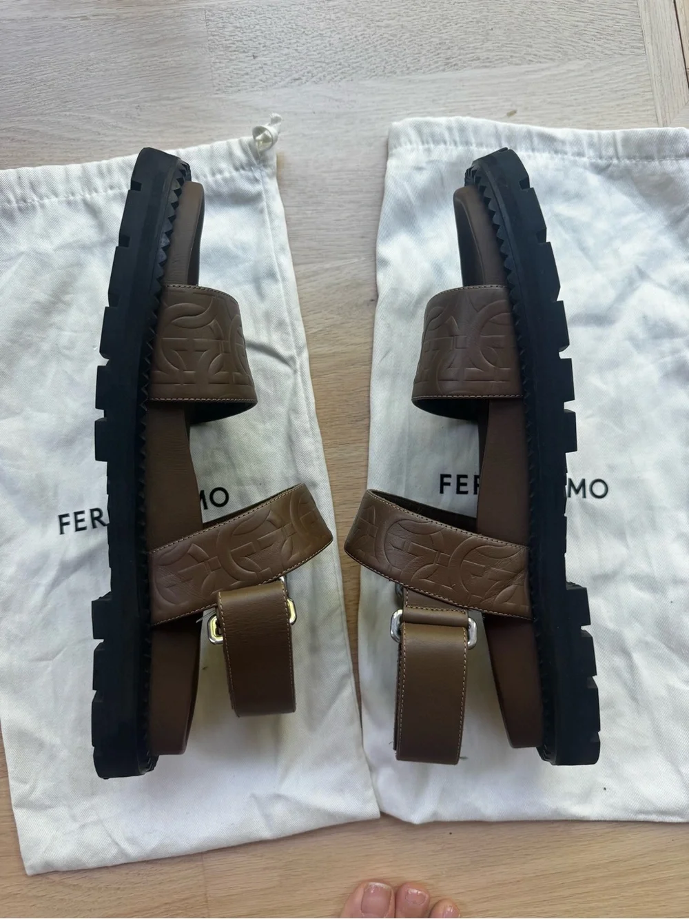 Ferragamo Notorius Leather Gancini Strap Sandals Brown Mens
